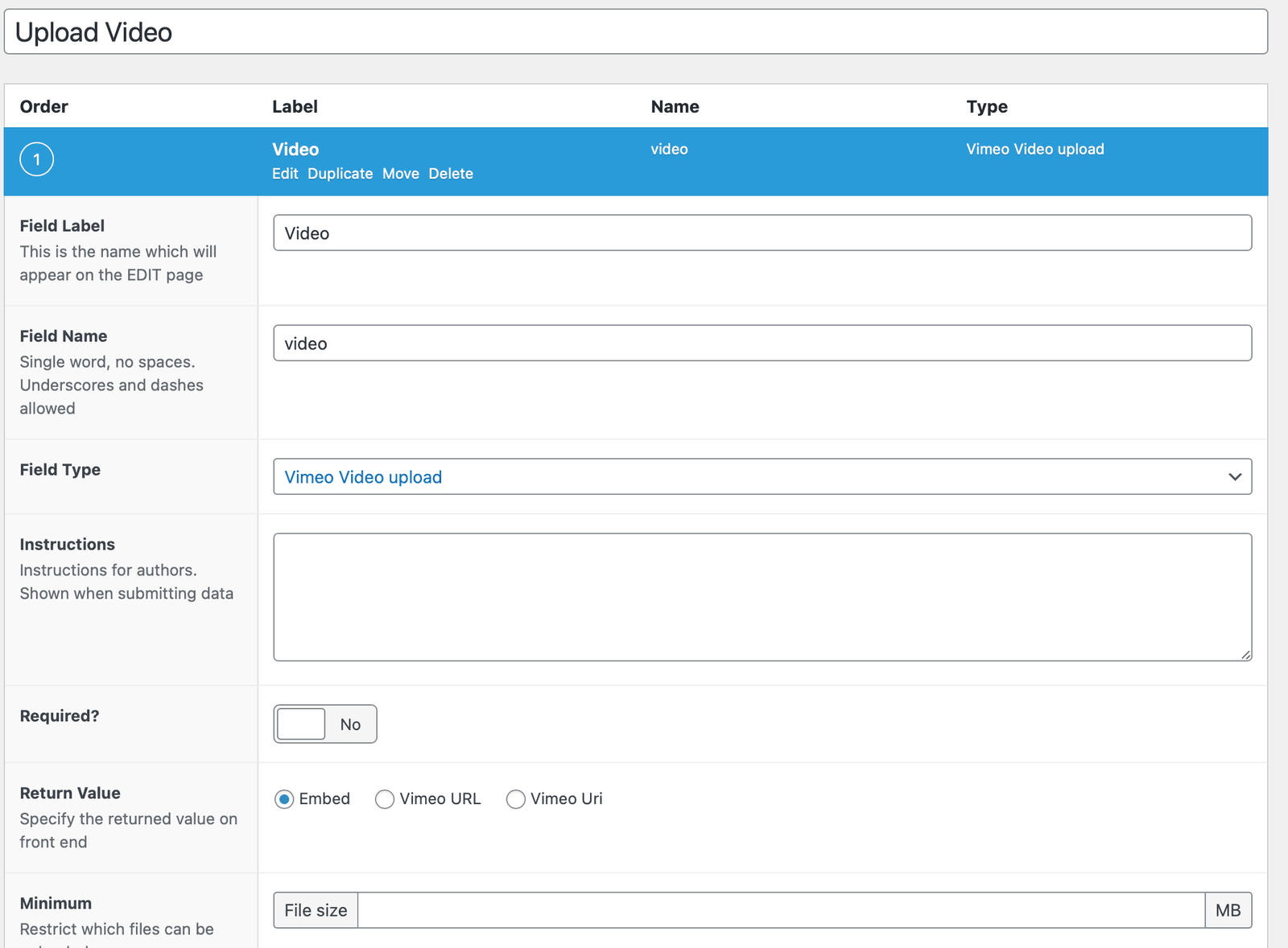 The Vimeo Video Upload field type configured inside the Advanced Custom Fields settings in the WordPress admin.